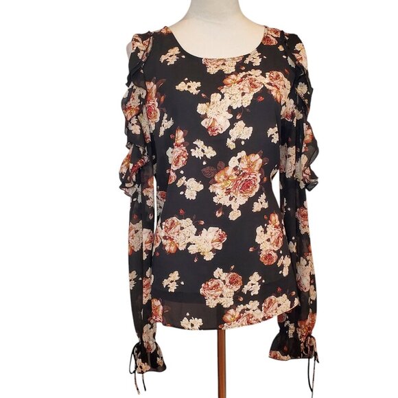 NWT ROSE & OLIVE SZ XL Floral Roses Pink Black Cold Shoulder Ruffles Blouse - Picture 1 of 7